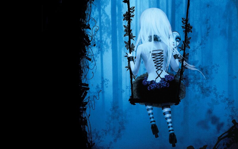girl on a swing in blue forest