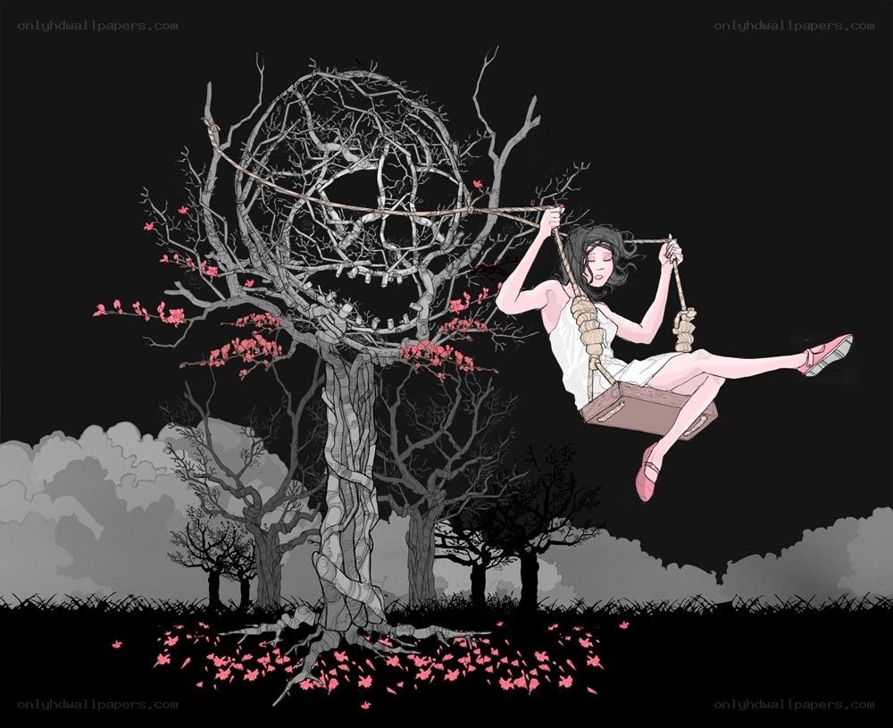 Girl on a swing under a tree
