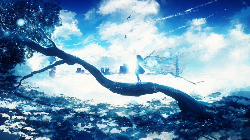 Girl on a Tree Branch — Blue