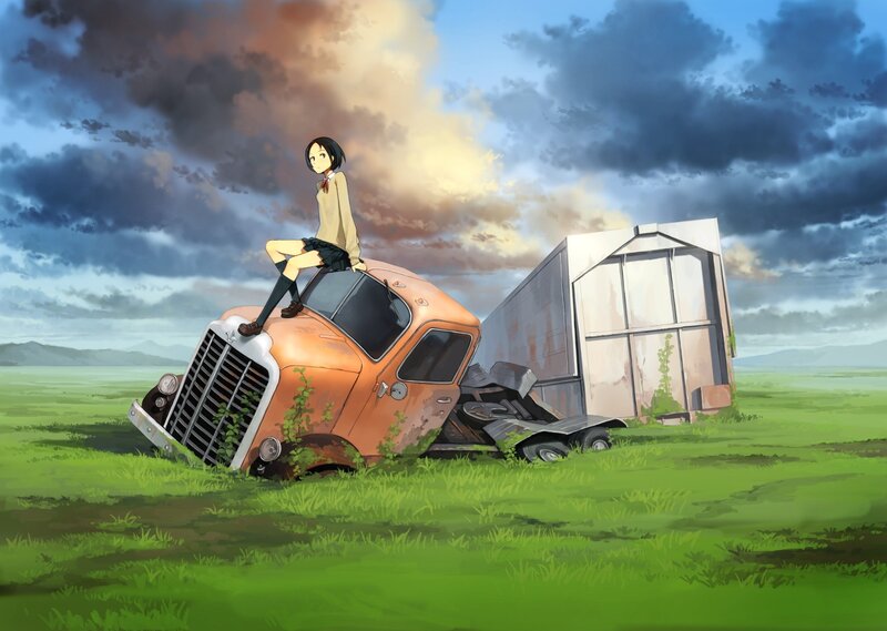 Girl on a wrecked truck