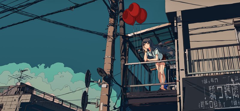 Girl on Balcony with Balloons