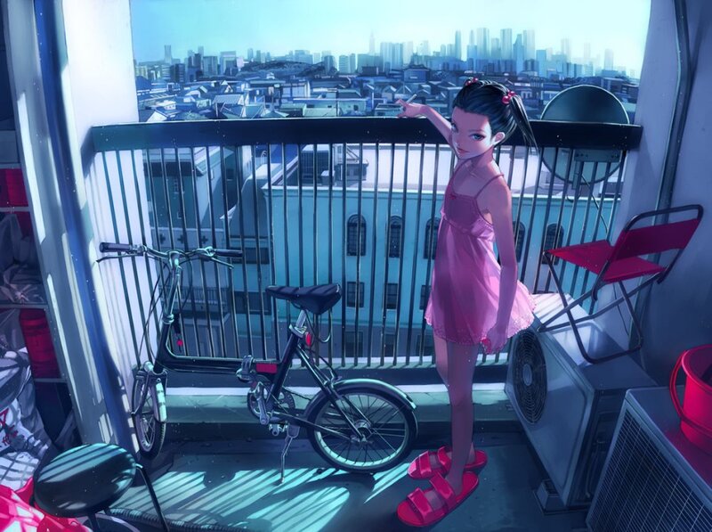 Girl on balcony with bicycle