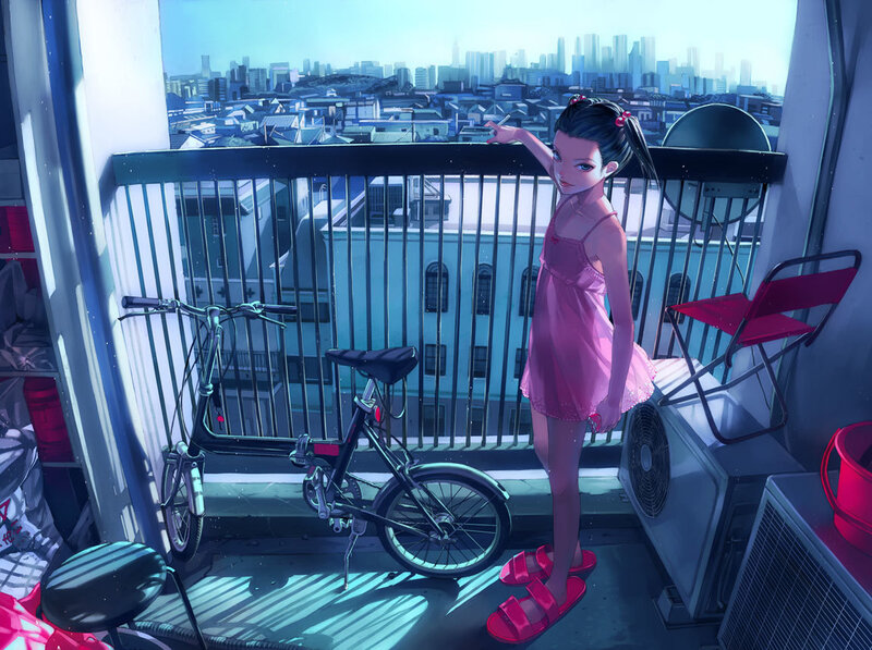 Girl on balcony with city view