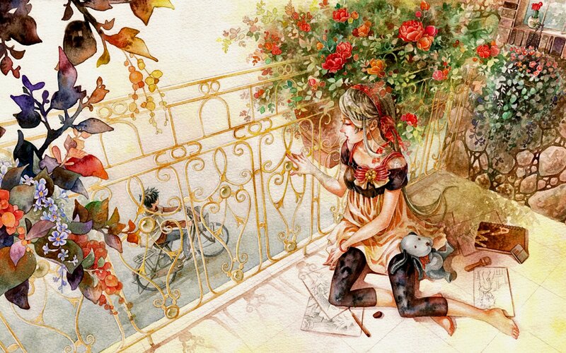 Girl on Balcony with Flowers