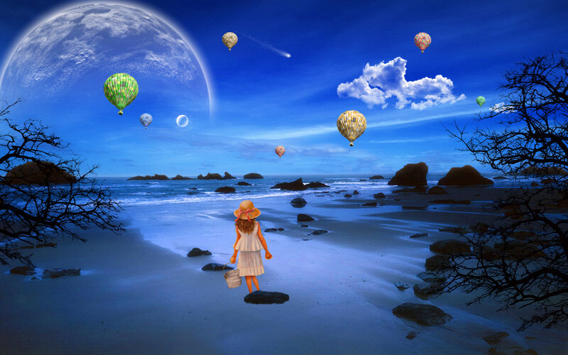 Girl on Beach at Night — Blue, Dreamy