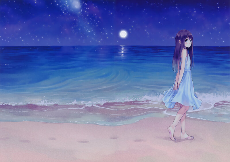 Girl on Beach at Night — Blue