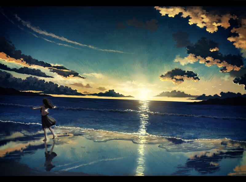 Girl on Beach at Sunset — Blue, Serene