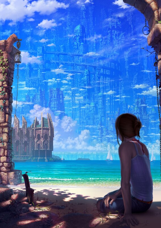 Girl on beach with floating city