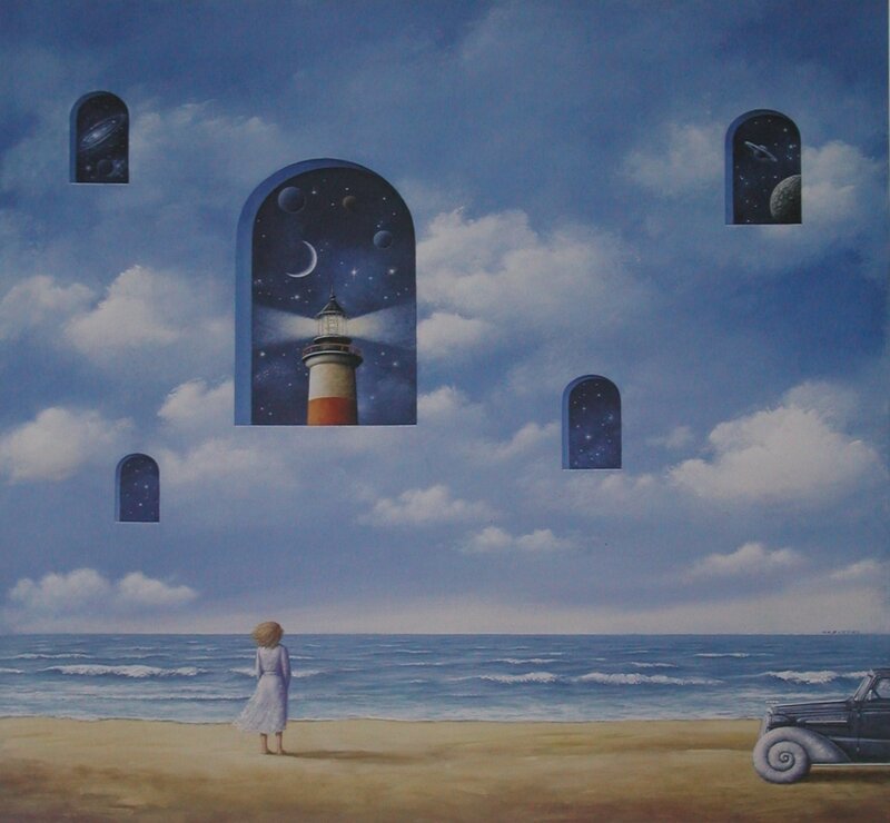 Girl on beach with lighthouse windows