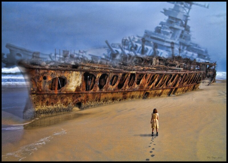 Girl on beach with shipwreck