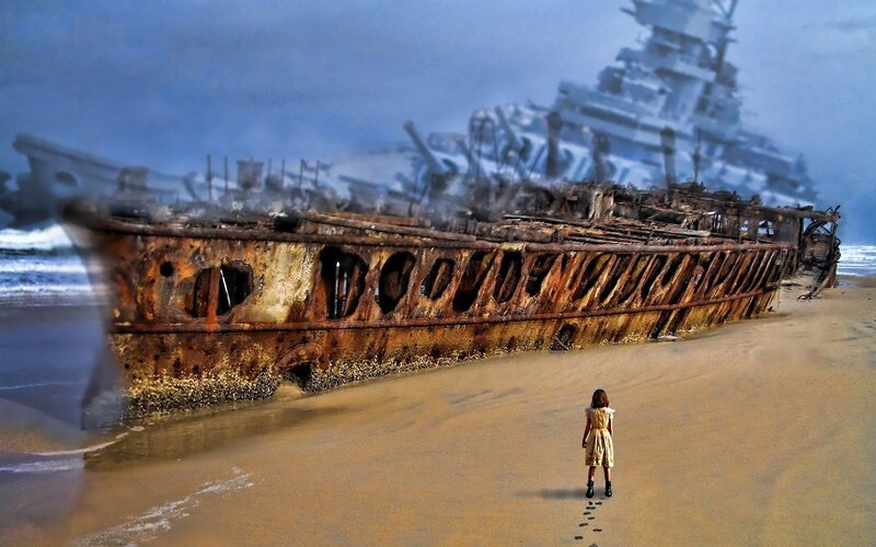 Girl on Beach with Shipwreck — Brown