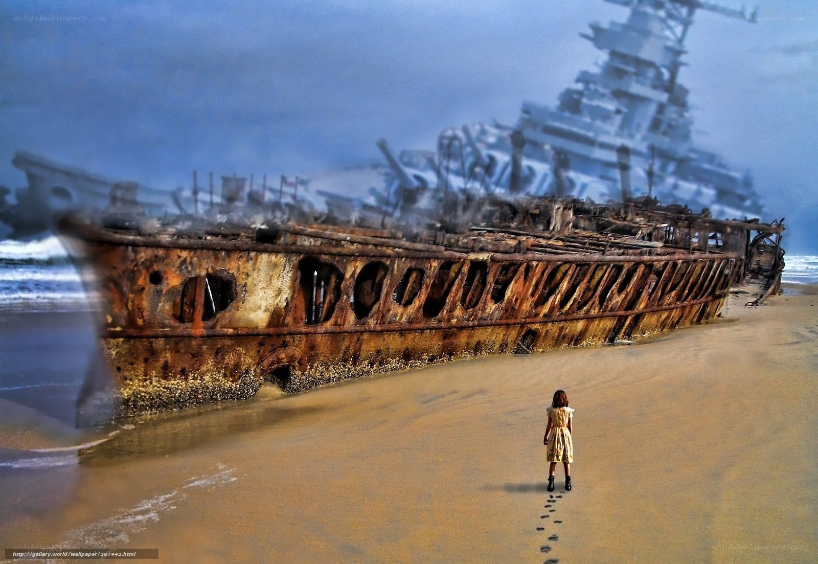 Girl on beach with shipwreck