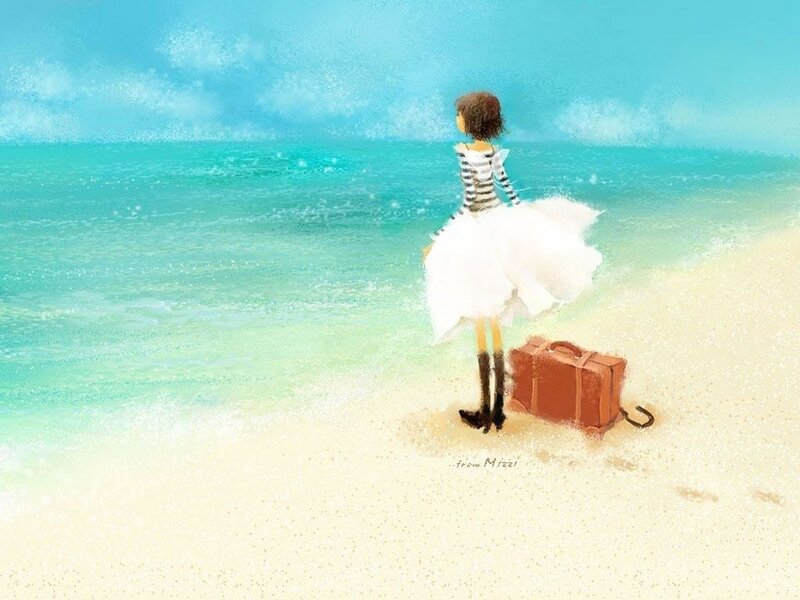 Girl on Beach with Suitcase