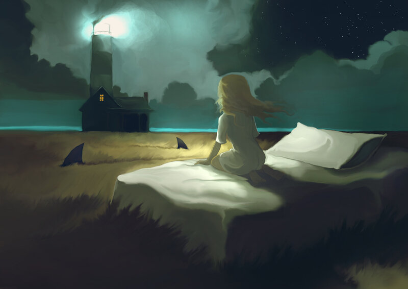 Girl on Bed at Night — Green, Dreamy