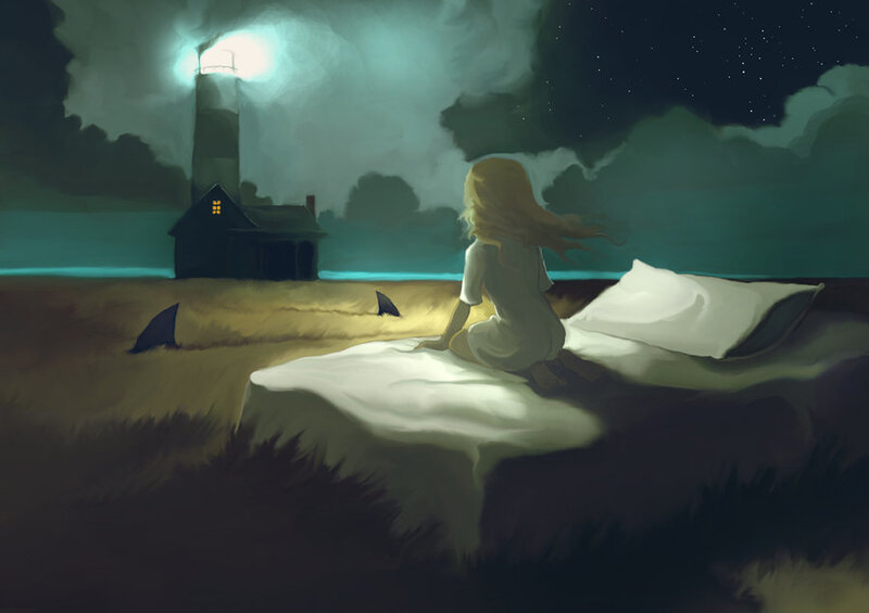 Girl on Bed at Night — Green