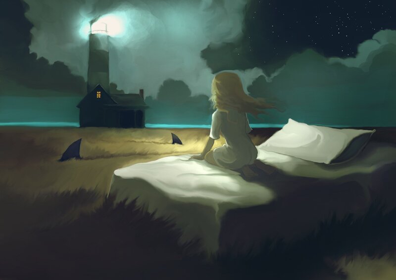 Girl on bed at night near lighthouse