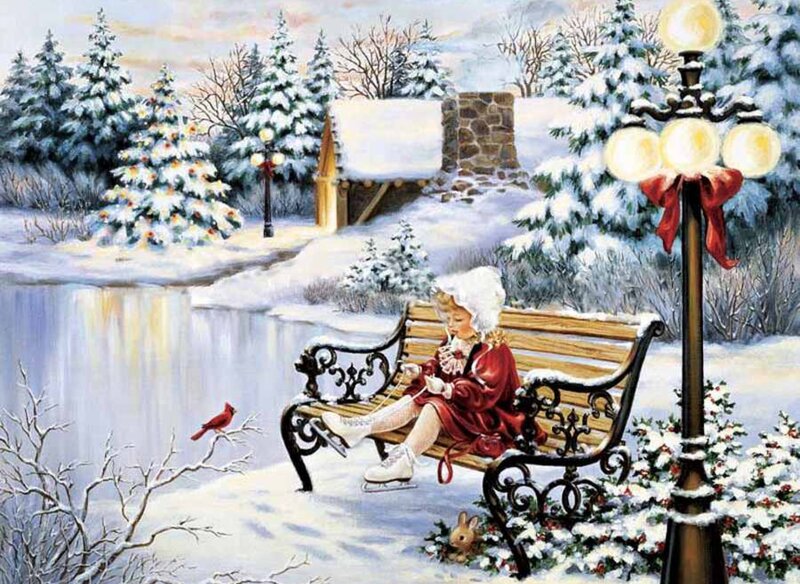 Girl on Bench in Snow — White