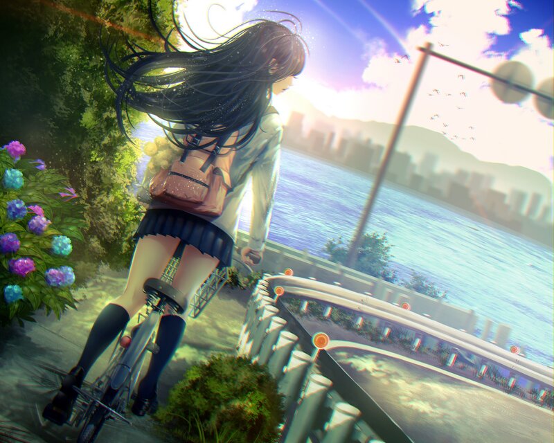 Girl on Bicycle — Blue, Serene, Sunset