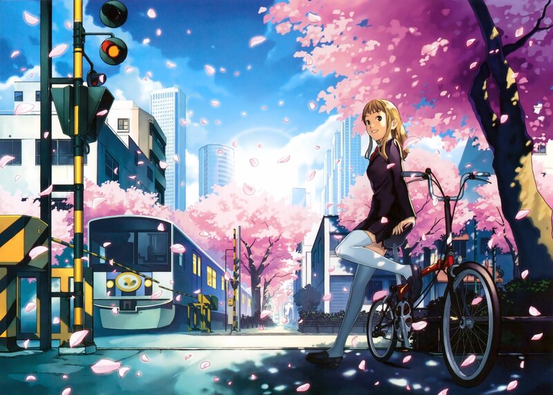 Girl on Bicycle — Pink, Serene, Spring, Anime, Cherry Blossoms, Train, City