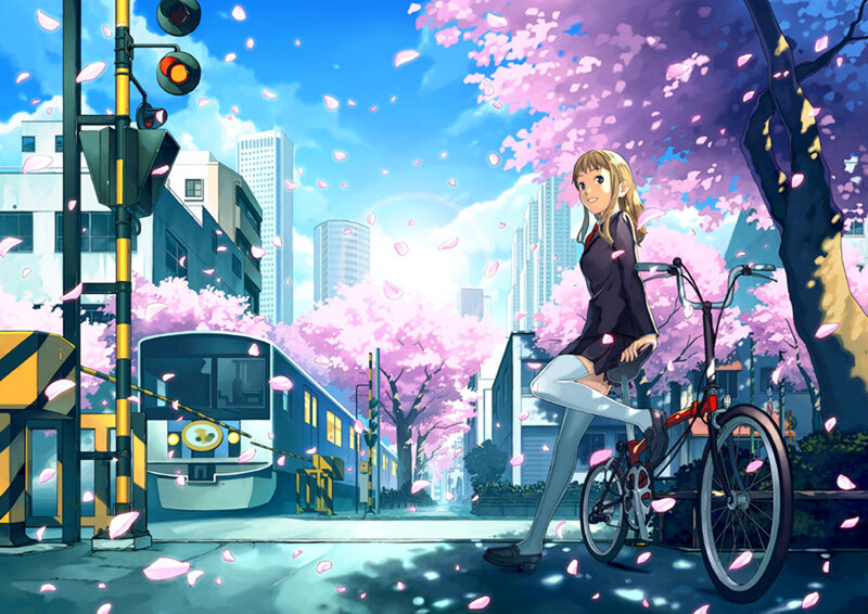 Girl on Bicycle — Pink, Serene, Spring, Anime, Train