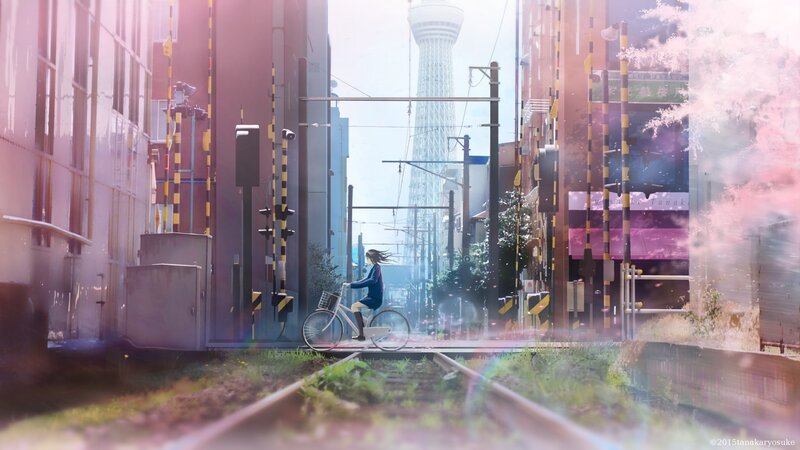 Girl on Bicycle — Pink, Serene, Spring, Anime, Train Tracks