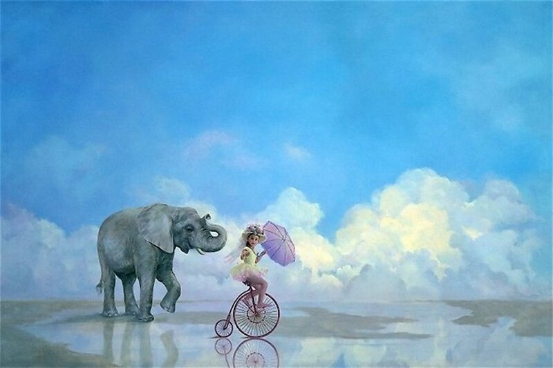 Girl on Bicycle with Elephant