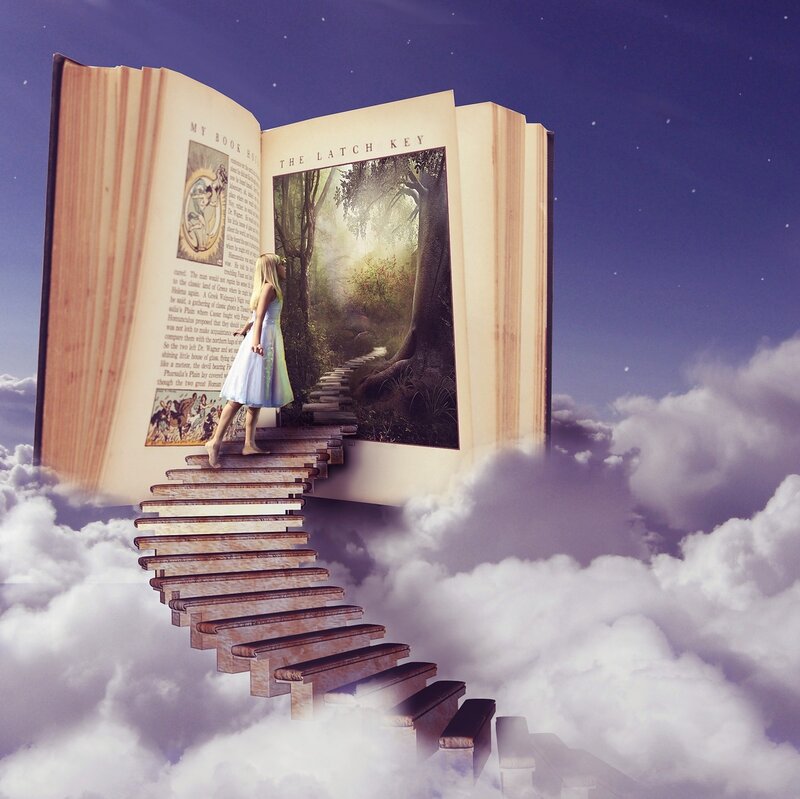 Girl on Book Stairs