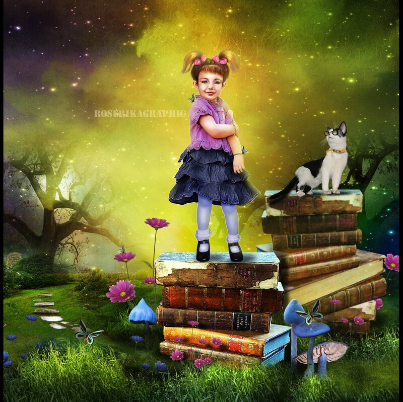 Girl on Books Stack