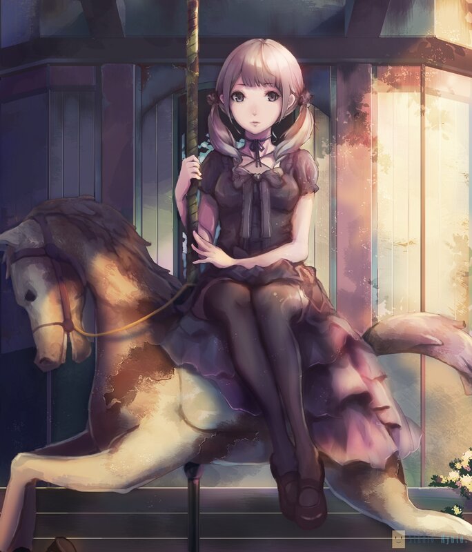 Girl on Carousel Horse — Purple, Serene