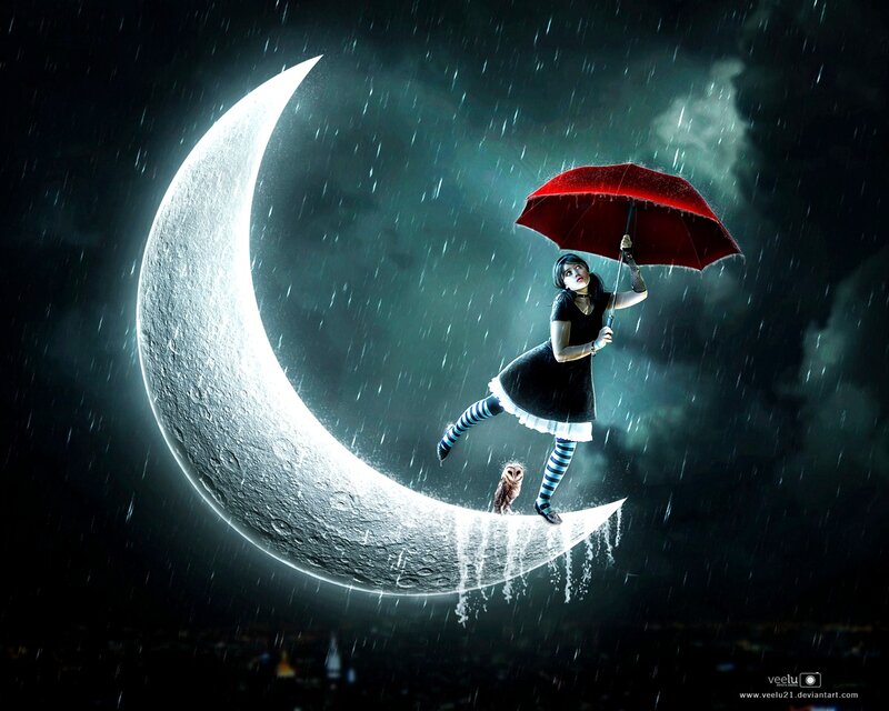 Girl on Crescent Moon — Black