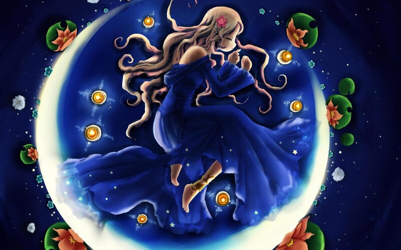 Girl on Crescent Moon — Blue, Serene