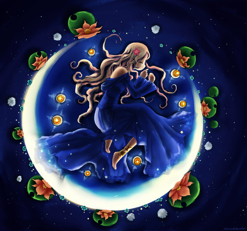 Girl on Crescent Moon — Blue