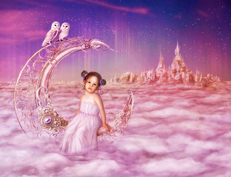 Girl on Crescent Moon — Purple, Fantastical