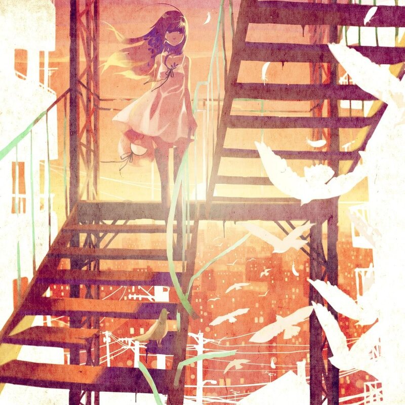 girl on fire escape at sunset