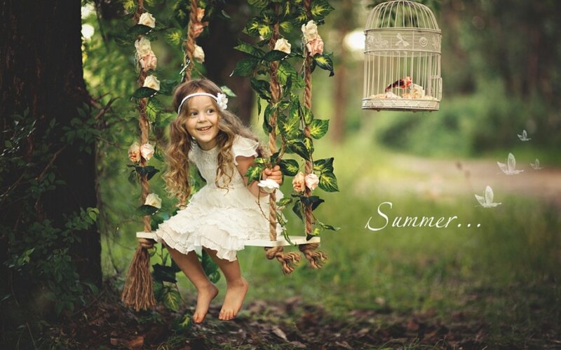 Girl on Floral Swing — Green