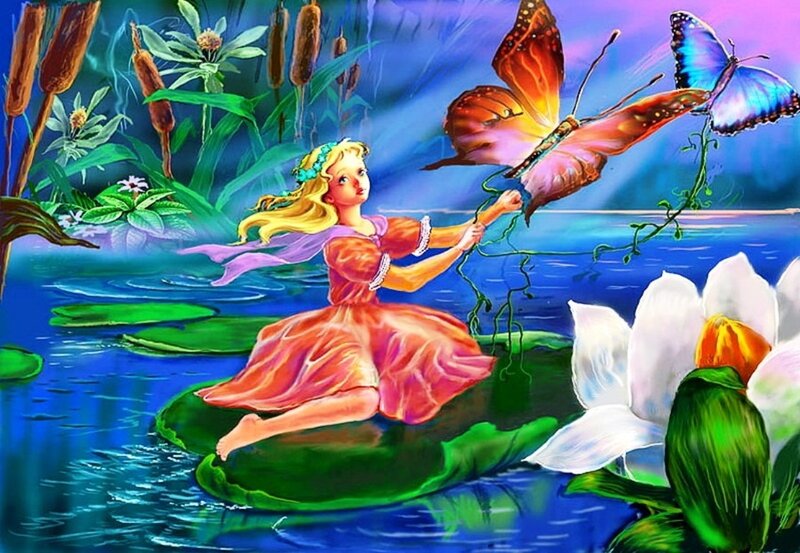 Girl on Lily Pad — Blue