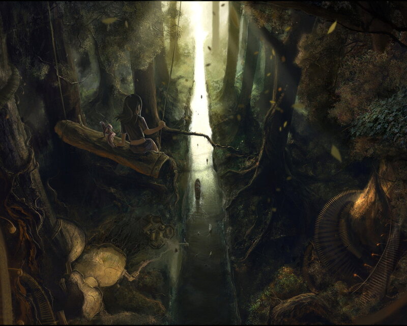 Girl on Log in Forest — Green, Serene, Morning, Digital Art, River, Tree Roots