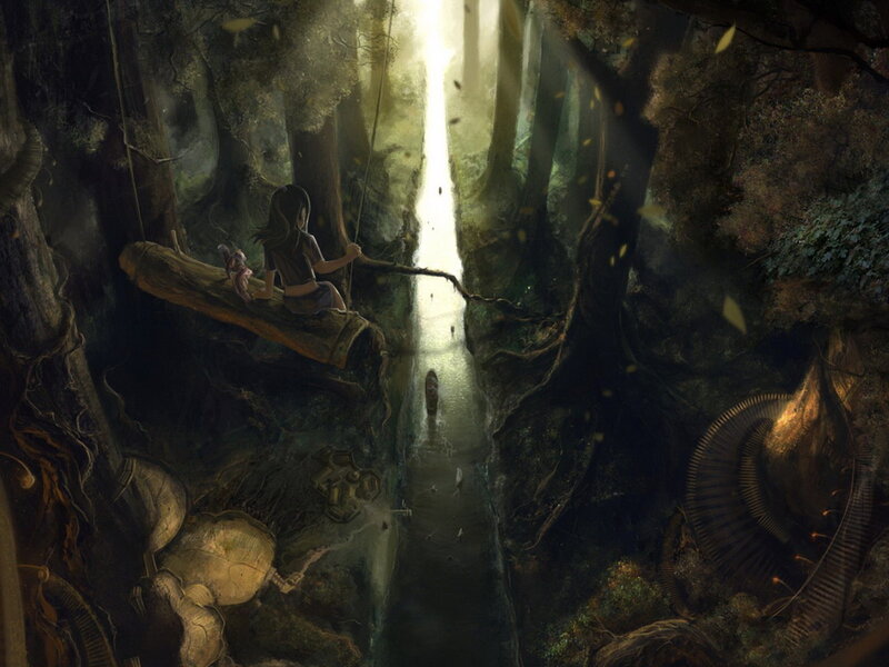 Girl on Log in Forest — Green
