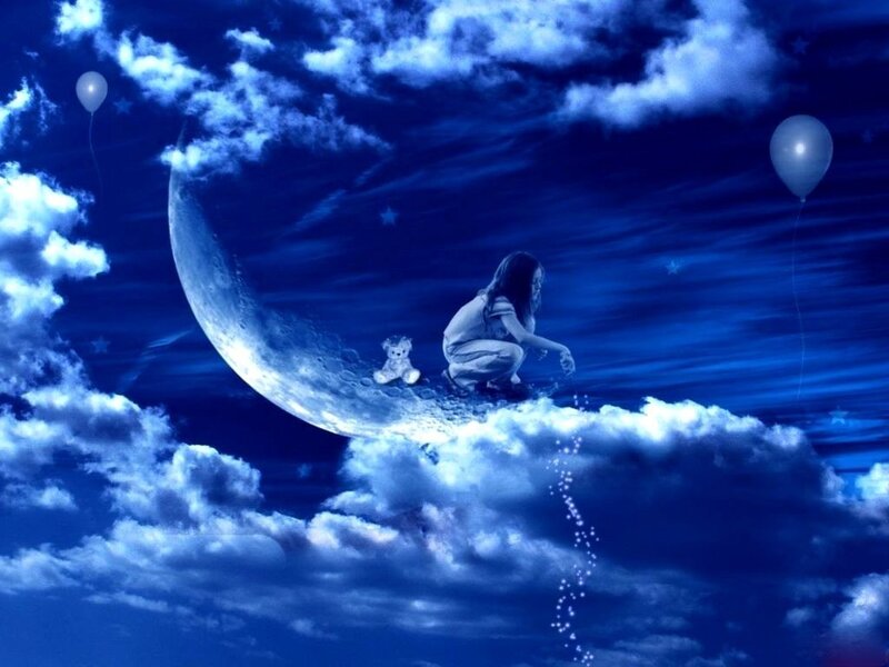 Girl on moon with teddy bear