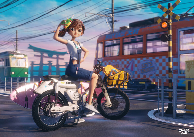 Girl on Motorcycle — Blue, Calm