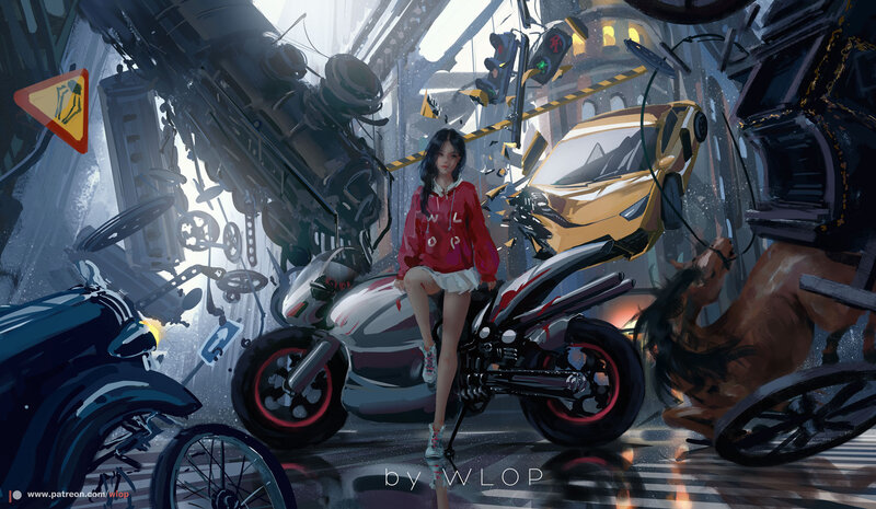 Girl on Motorcycle — Gray, Chaotic