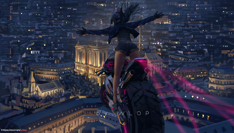Girl on Motorcycle — Purple, Dramatic