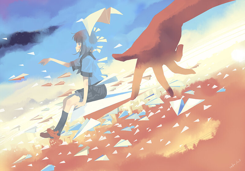 Girl on Paper Airplane — Blue