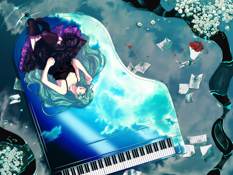 Girl on piano in water