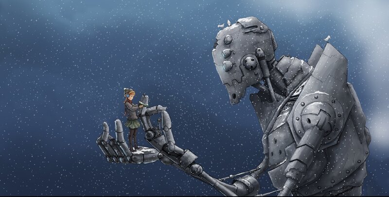 Girl on robot's hand in snow