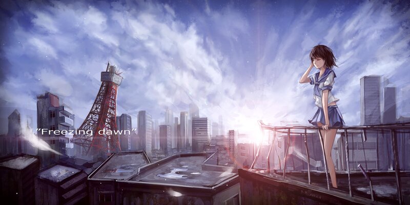 Girl on rooftop at dawn