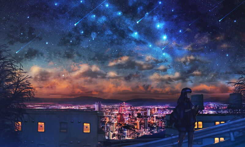 Girl on Rooftop at Night — Blue, Dramatic
