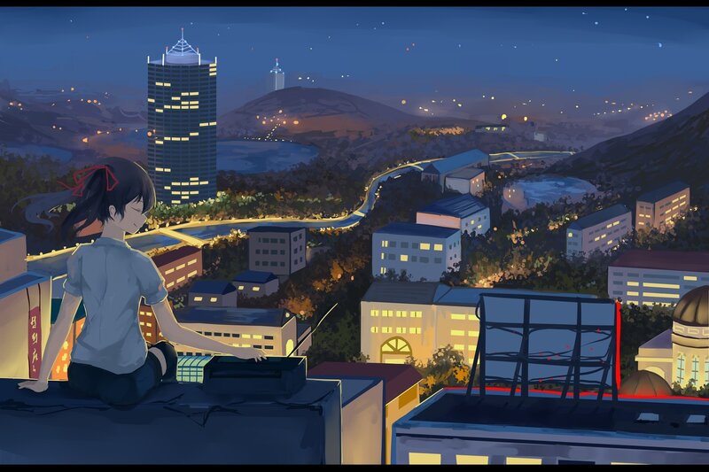Girl on Rooftop at Night — Blue