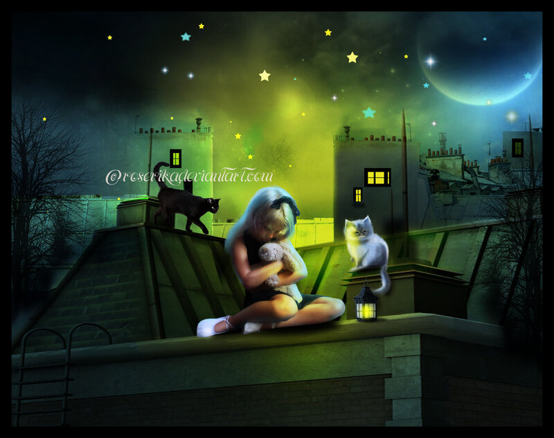 Girl on Rooftop at Night — Green