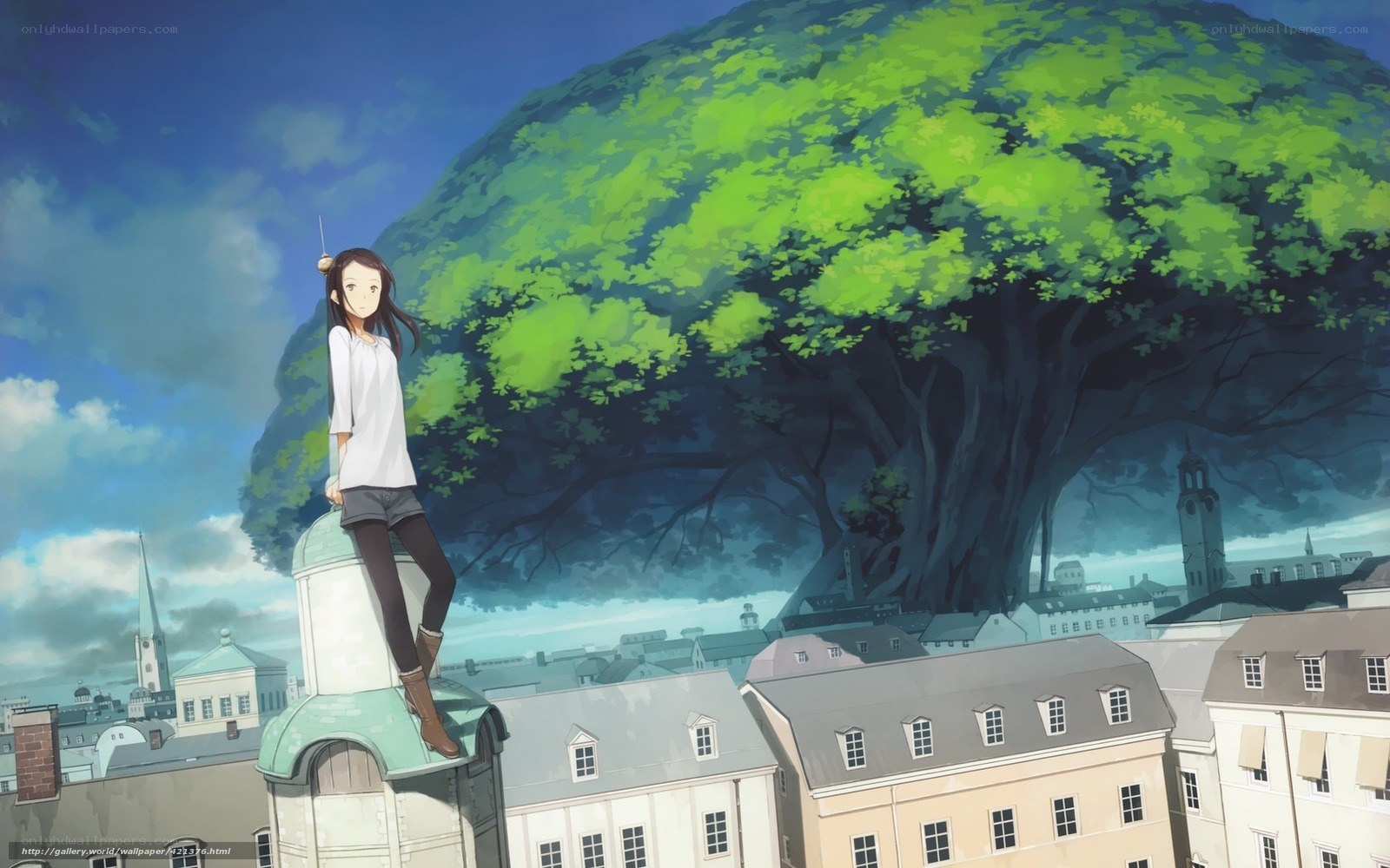 girl on rooftop with giant tree